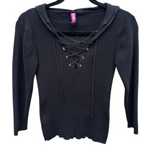 Say What? Vintage Y2K Black Ribbed V Neck Lace-Up Knit Hoodie Top Long Sleeves L
